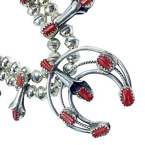 Native American Necklaces & Pendants - Navajo Petit Size Red Coral Squash Blossom Necklace Set - Phil & Lenore Garcia