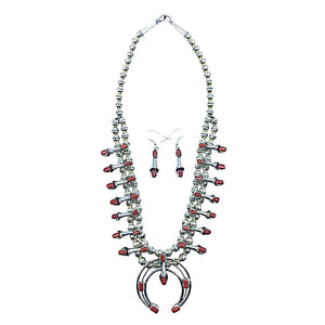 Native American Necklaces & Pendants - Navajo Red Coral Squash Blossom Necklace Set - Phil & Lenore Garcia