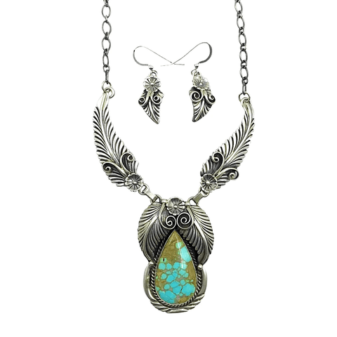 Image of Native American Necklaces & Pendants - Navajo Royston Turquoise  Feather Teardrop Sterling Silver Necklace Set