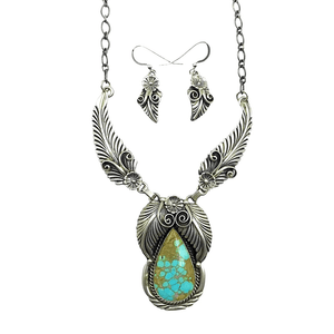Native American Necklaces & Pendants - Navajo Royston Turquoise  Feather Teardrop Sterling Silver Necklace Set