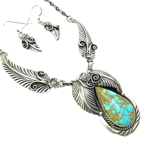 Native American Necklaces & Pendants - Navajo Royston Turquoise  Feather Teardrop Sterling Silver Necklace Set