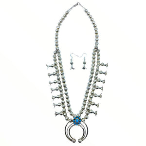 Native American Necklaces & Pendants - Navajo Sleeping Beauty Turquoise Cluster Squash Blossom Necklace Set - Leon Frances Kirlie