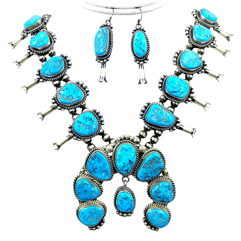 Image of Native American Necklaces & Pendants - Navajo Sleeping Beauty Turquoise Squash Blossom Necklace Set - Mary Ann Spencer