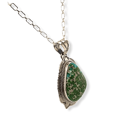 Image of Native American Necklaces & Pendants - Navajo Sonoran Turquoise Stamped Setting Pendant W/ Chain