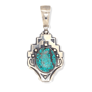 Native American Necklaces & Pendants - Navajo Spider Web Kingman Turquoise  Pendant With Stamped Setting