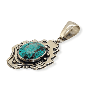 Native American Necklaces & Pendants - Navajo Spider Web Kingman Turquoise  Pendant With Stamped Setting