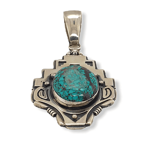 Image of Native American Necklaces & Pendants - Navajo Spider Web Kingman Turquoise  Pendant With Stamped Setting