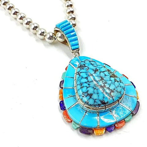 Image of Native American Necklaces & Pendants - Navajo Spider Web Turquoise Multistone Inlay Necklace  - Merle House