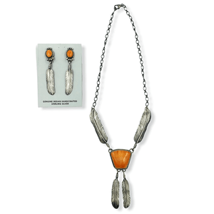 Native American Necklaces & Pendants - Navajo Spiny Oyster And Sterling Silver Feather Necklace Set