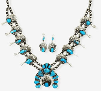 Native American Necklaces & Pendants - Navajo Turquoise Leaf Work Squash Blossom Necklace  -Jimmy Lee