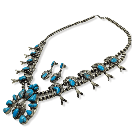 Image of Native American Necklaces & Pendants - Navajo Turquoise Leaf Work Squash Blossom Necklace  -Jimmy Lee