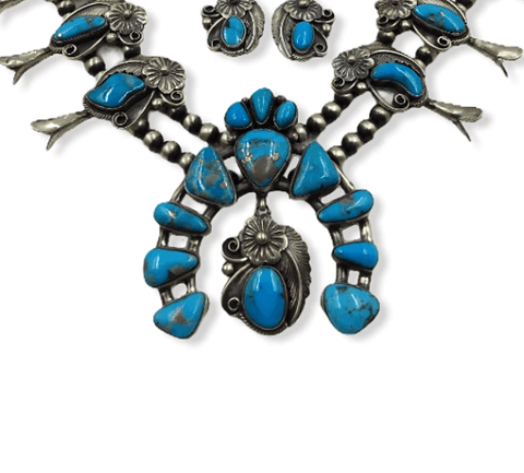 Image of Native American Necklaces & Pendants - Navajo Turquoise Leaf Work Squash Blossom Necklace  -Jimmy Lee