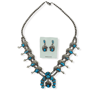 Native American Necklaces & Pendants - Navajo Turquoise Leaf Work Squash Blossom Necklace  -Jimmy Lee