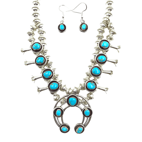Image of Native American Necklaces & Pendants - Navajo Turquoise Squash Blossom Necklace By Phil & Lenore Garcia -Small Size