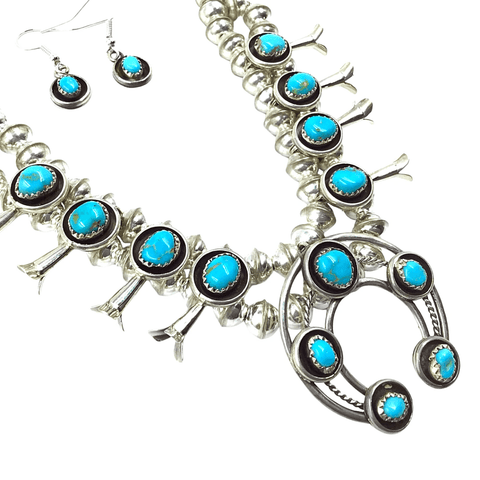 Image of Native American Necklaces & Pendants - Navajo Turquoise Squash Blossom Necklace By Phil & Lenore Garcia -Small Size