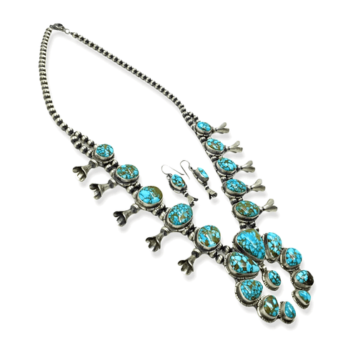 Image of Native American Necklaces & Pendants - Navajo Turquoise Squash Blossom Necklace - Samson Edsitty