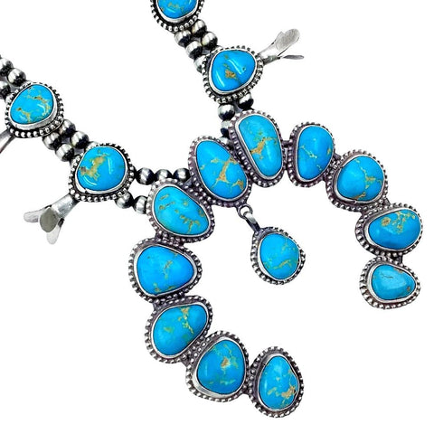 Image of Native American Necklaces & Pendants - Navajo Turquoise Squash Blossom Sterling Silver Drop Accents Native American Necklace Set