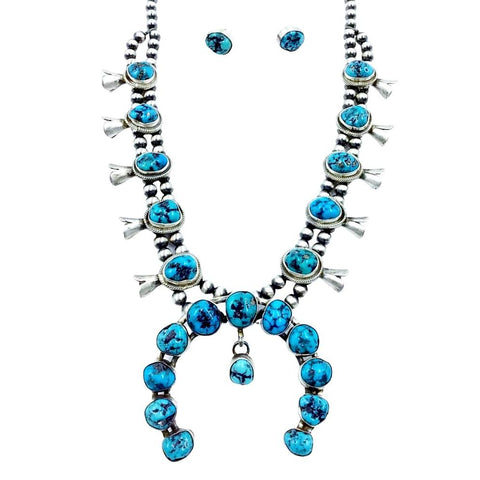 Image of Native American Necklaces & Pendants - Navajo Turquoise Squash Blossom Sterling Silver Native American Necklace Set - Kathleen Chavez