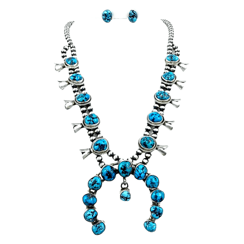 Image of Native American Necklaces & Pendants - Navajo Turquoise Squash Blossom Sterling Silver Necklace Set - Kathleen Chavez