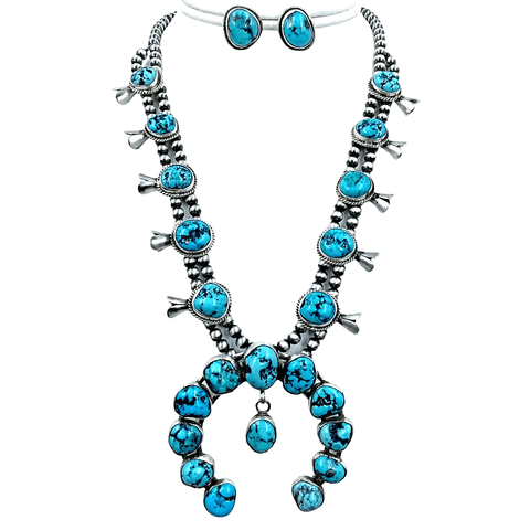Image of Native American Necklaces & Pendants - Navajo Turquoise Squash Blossom Sterling Silver Wire Twist Accents Necklace Set - Kathleen Chavez