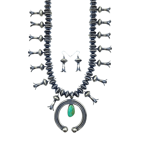 Image of Native American Necklaces & Pendants - Royston Turquoise Oxidized Silver Squash Blossom Set - Navajo