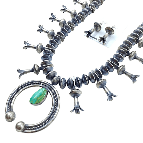 Image of Native American Necklaces & Pendants - Royston Turquoise Oxidized Silver Squash Blossom Set - Navajo