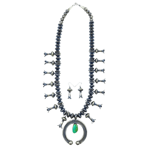 Native American Necklaces & Pendants - Royston Turquoise Oxidized Silver Squash Blossom Set - Navajo