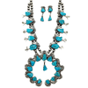 Native American Necklaces & Pendants - Rugged Teal Turquoise Triangle Navajo Sterling Silver Squash Blossom Set