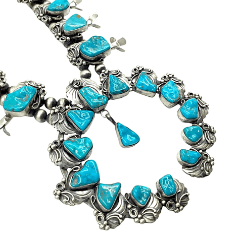 Image of Native American Necklaces & Pendants - Rugged Teal Turquoise Triangle Navajo Sterling Silver Squash Blossom Set