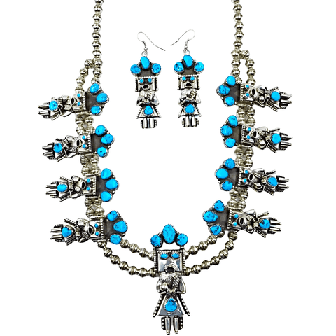 Image of Native American Necklaces & Pendants - Sleeping Beauty Turquoise Kachina Squash Blossom Necklace Set - Navajo