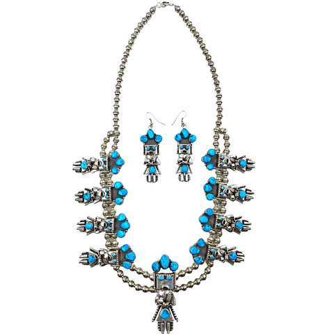 Image of Native American Necklaces & Pendants - Sleeping Beauty Turquoise Kachina Squash Blossom Necklace Set - Navajo