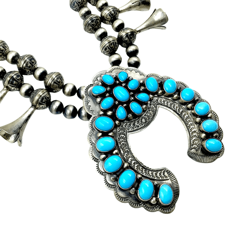 Image of Native American Necklaces & Pendants - Sleeping Beauty Turquoise Squash Blossom Necklace - B. Johnson, Navajo