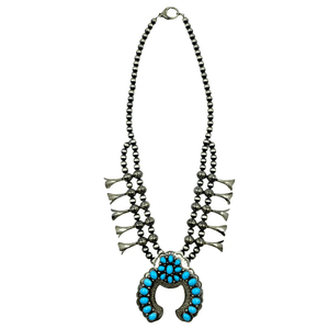 Native American Necklaces & Pendants - Sleeping Beauty Turquoise Squash Blossom Necklace - B. Johnson, Navajo