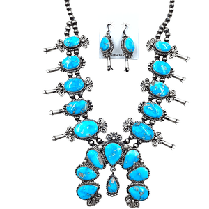 Native American Necklaces & Pendants - SOLD Blue Ridge Turquoise Teardrop Turquoise Squ.ash Blos.som Set - Mary Ann Spencer Navajo
