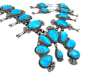 Native American Necklaces & Pendants - SOLD Blue Ridge Turquoise Teardrop Turquoise Squ.ash Blos.som Set - Mary Ann Spencer Navajo