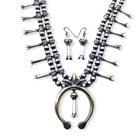 Image of Native American Necklaces & Pendants - SOLD Navajo Oxidized Silver Squ.ash  Neck.lace Set