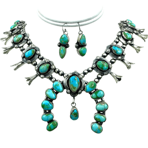 Native American Necklaces & Pendants - SOLD Sonoran Gold Turquoise S.quash Blossom N.ecklace Set - Lorenzo Juan - Navajo