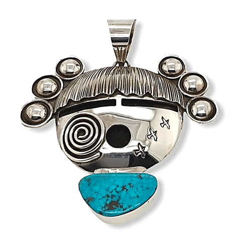 Image of Native American Necklaces & Pendants - Sterling Silver And Turquoise Decorative Face Pendant - Alex Sanchez