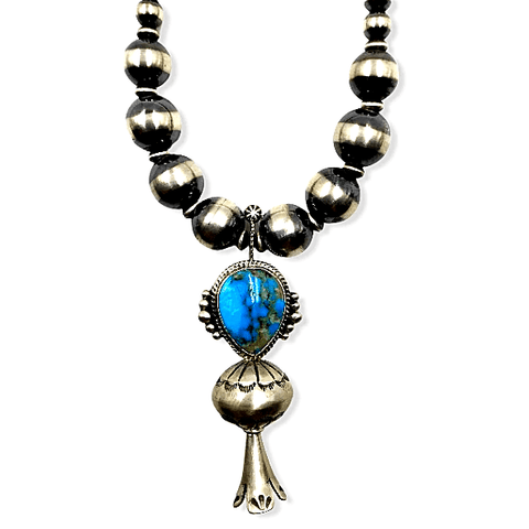 Image of Native American Necklaces & Pendants - Turquoise Blossom Necklace On Sterling Silver Navajo Pearl Beads