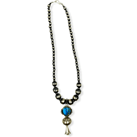 Image of Native American Necklaces & Pendants - Turquoise Blossom Necklace On Sterling Silver Navajo Pearl Beads