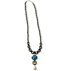 Native American Necklaces & Pendants - Turquoise Blossom Necklace On Sterling Silver Navajo Pearl Beads