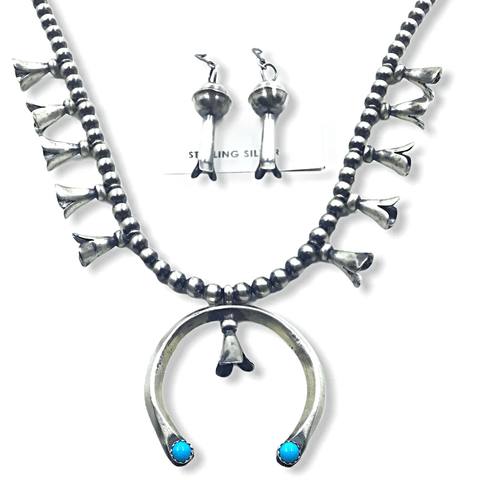 Image of Native American Necklaces & Pendants - Turquoise & Silver Squash Blossom Necklace Set - Paul Livingston -Small Size
