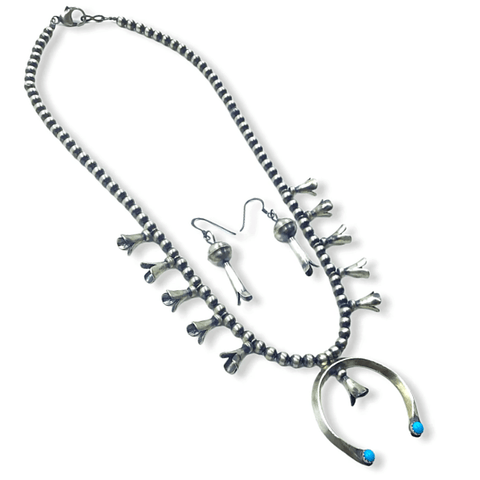 Image of Native American Necklaces & Pendants - Turquoise & Silver Squash Blossom Necklace Set - Paul Livingston -Small Size