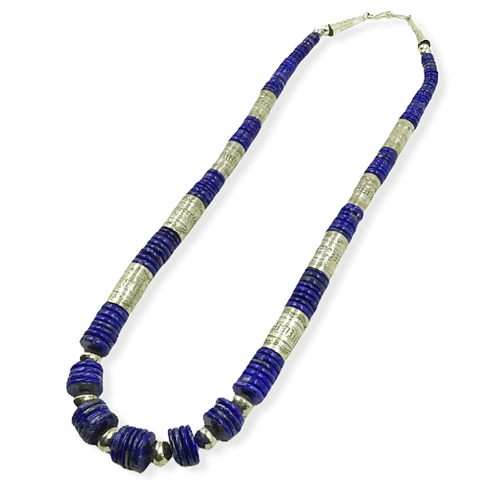 Image of Native American Necklaces & Pendants - Wayne Aguilar Lapis And Silver Beads Necklace  - Santo Domingo Pueblo