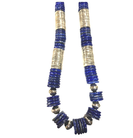 Image of Native American Necklaces & Pendants - Wayne Aguilar Lapis And Silver Beads Necklace  - Santo Domingo Pueblo