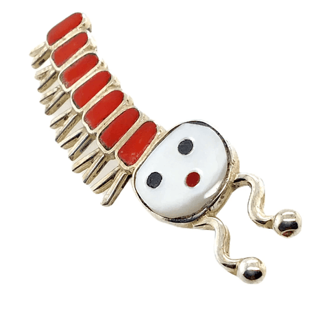 Image of Native American Necklaces & Pendants - Zuni Coral Inlay Caterpillar Brooch Pin