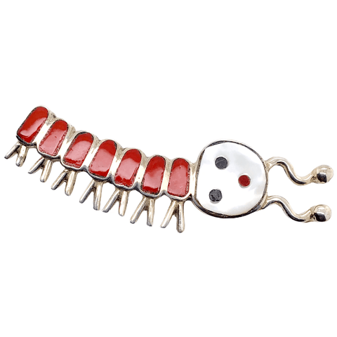 Image of Native American Necklaces & Pendants - Zuni Coral Inlay Caterpillar Brooch Pin