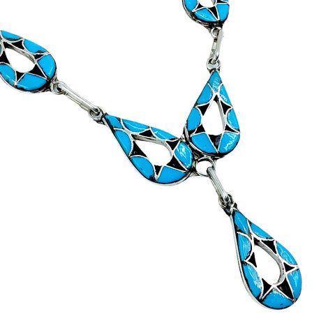 Image of Native American Necklaces & Pendants - Zuni Native American Sleeping Beauty Turquoise Inlay Teardrop Dangle Necklace Set