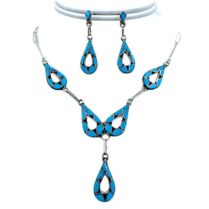 Native American Necklaces & Pendants - Zuni Native American Sleeping Beauty Turquoise Inlay Teardrop Dangle Necklace Set
