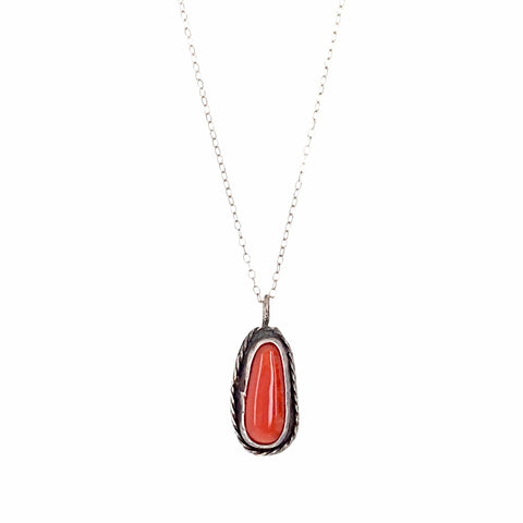 Image of Native American Necklaces - Small Old Pawn Red Coral Pendant & Sterling Silver Chain Necklace - Native American
